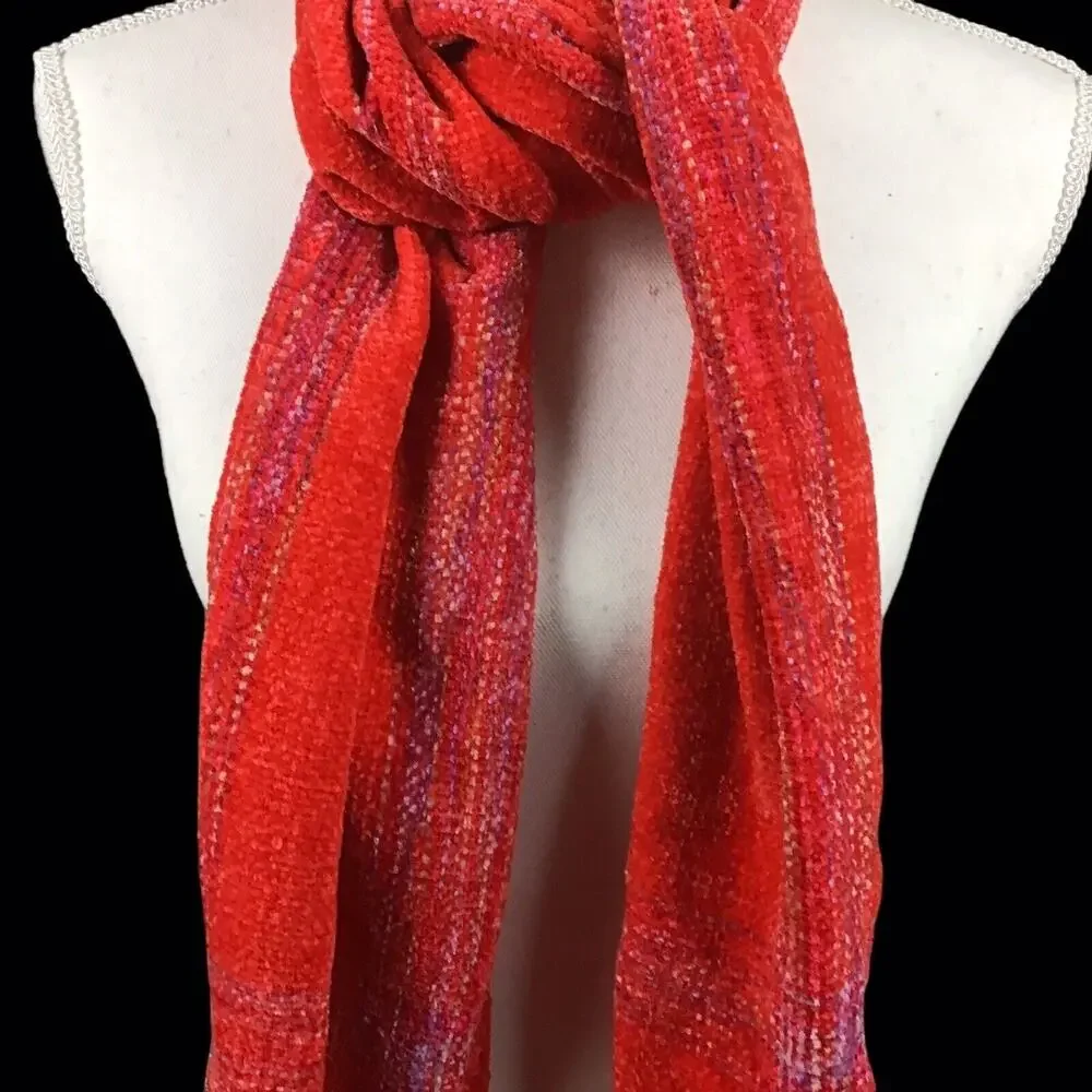 Collection 18 Pink Red Chenille Stripe Muffler Scarf Fringe NWT
